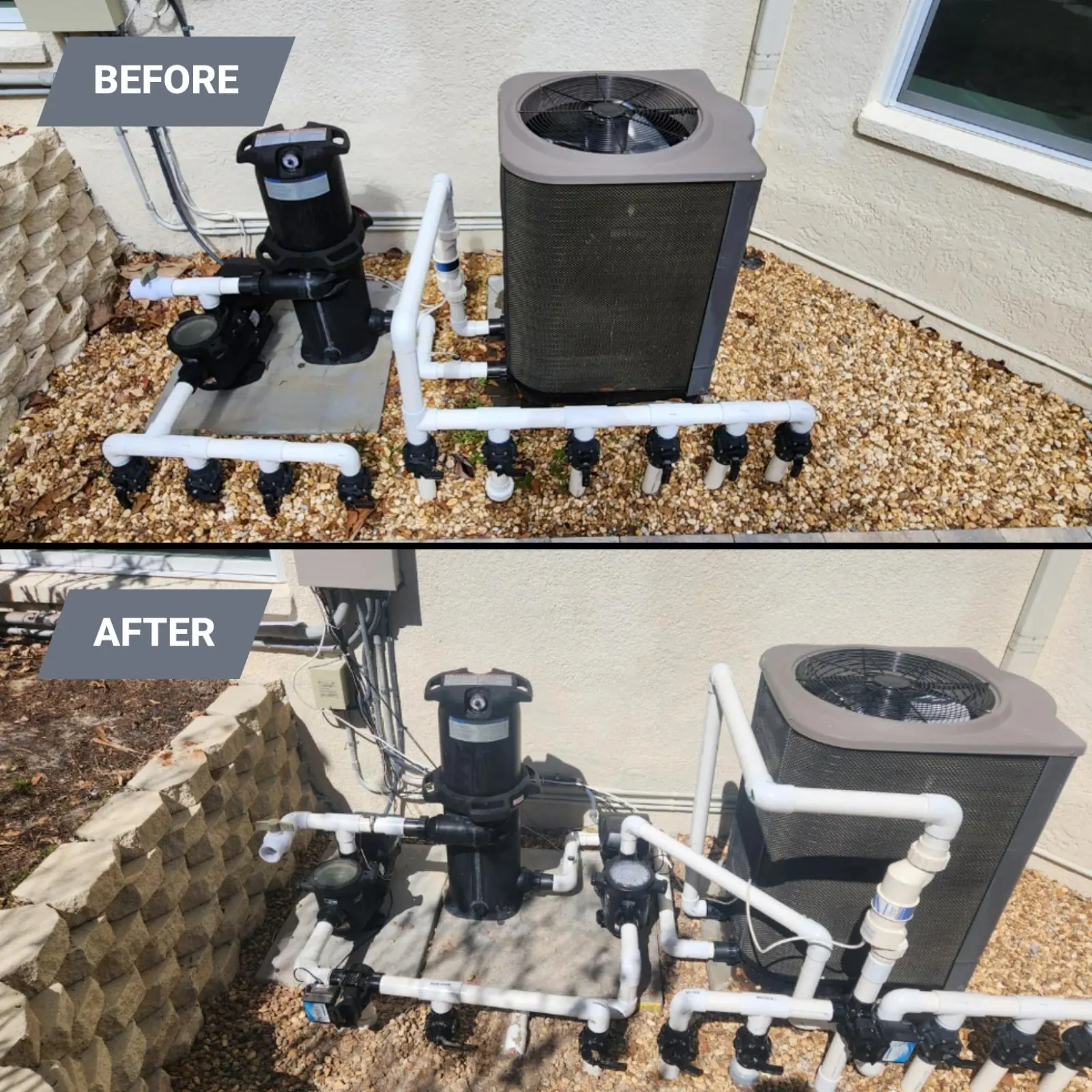 Before and after of a full equipment pad rebuild with Hayward automation in Brooksville