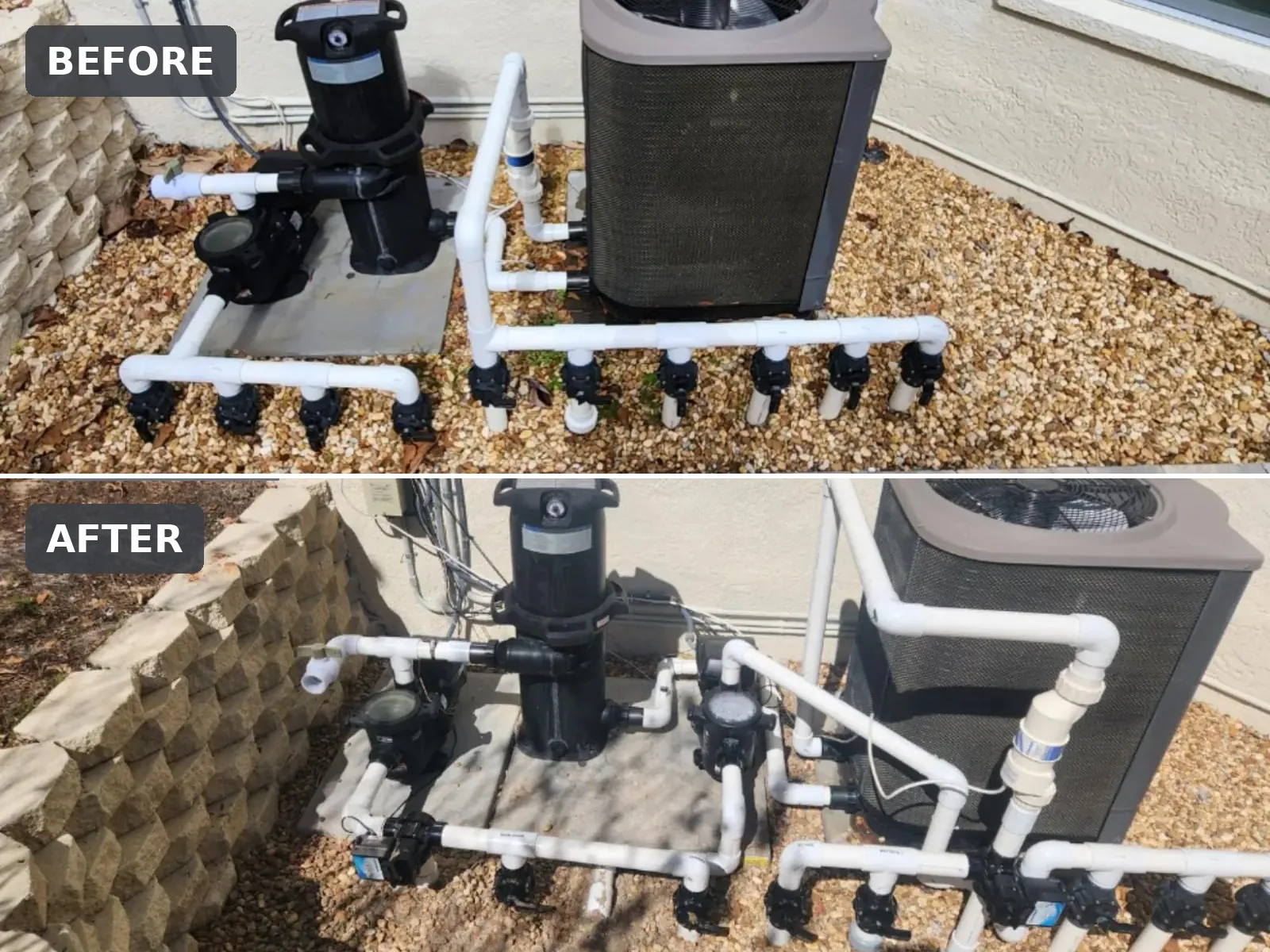 Before and after of a full equipment pad rebuild with Hayward automation in Brooksville
