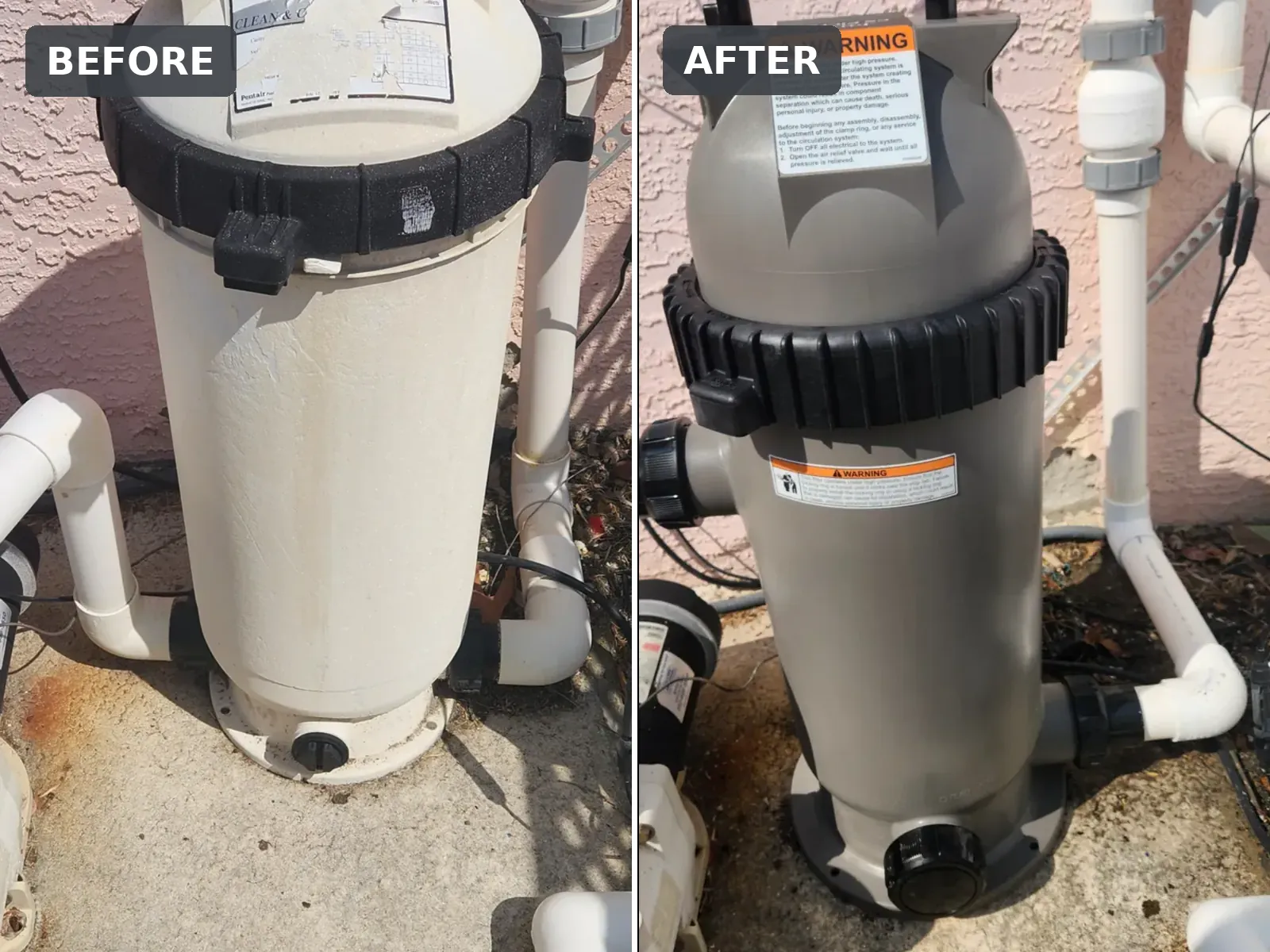 Before and after of an old pool filter replaced with a new cartridge filter in Spring Hill