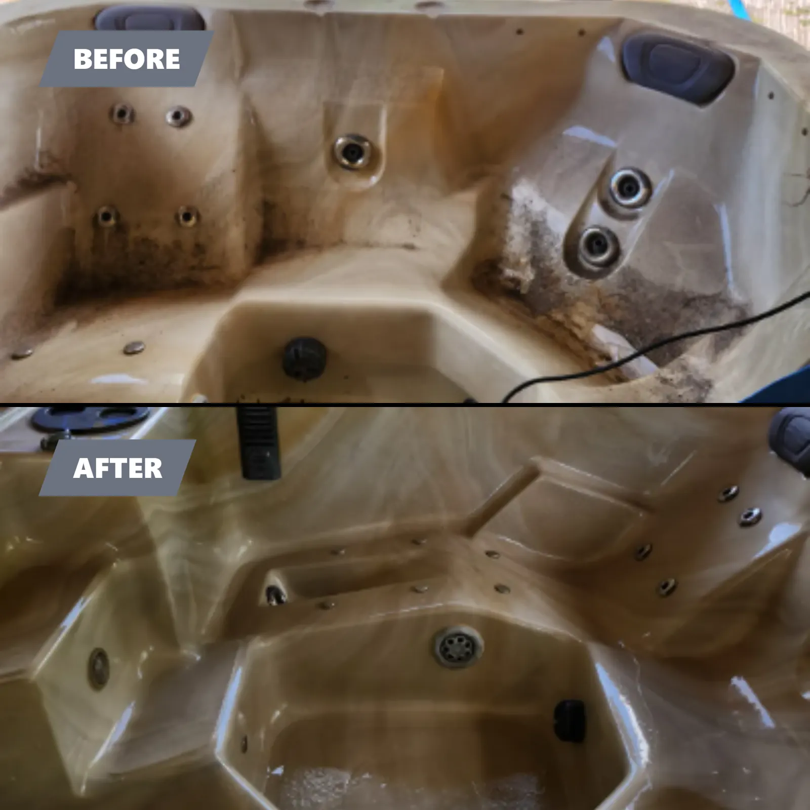 Before and after of a neglected hot tub restored in Spring Hill