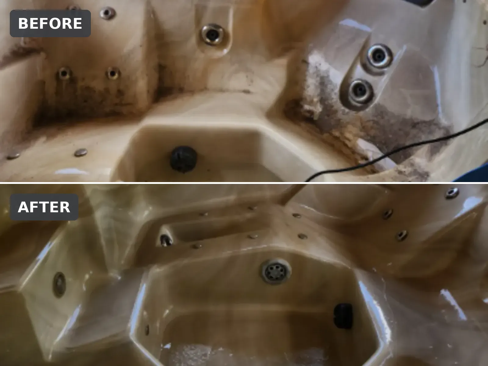 Before and after of a neglected hot tub restored in Spring Hill