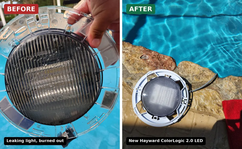 Before and after: a leaking, burned-out pool light and the new Hayward ColorLogic 2.0 LED that replaced it in Brooksville