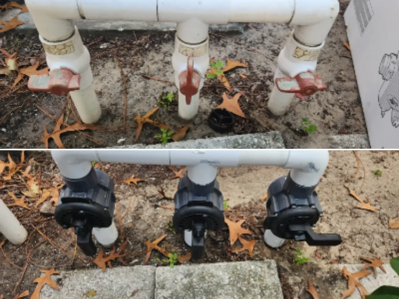 Before and after of old pool valves replaced with new diverter valves