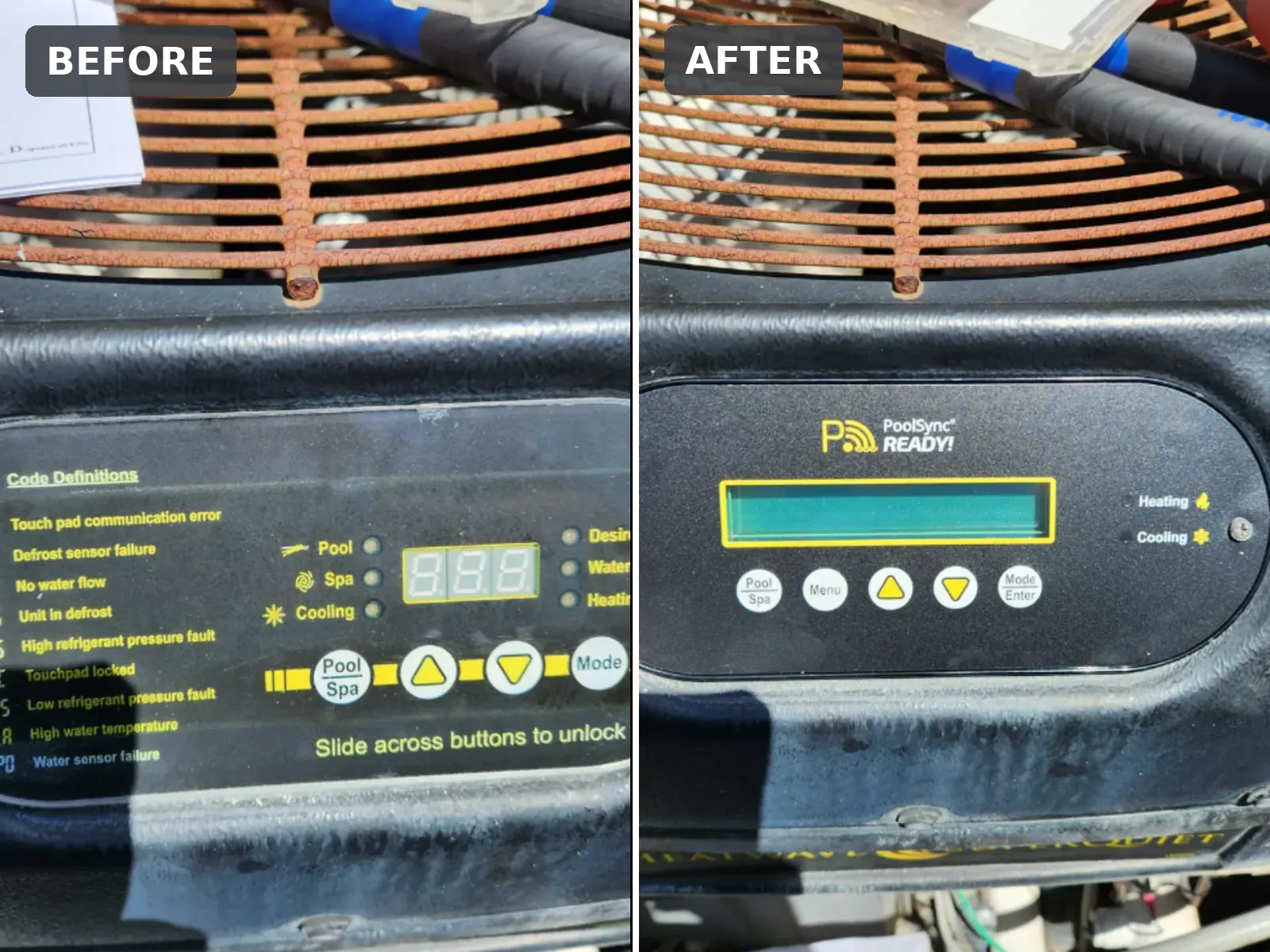 Before and after of a heat pump upgraded with a PoolSync-ready control in Weeki Wachee