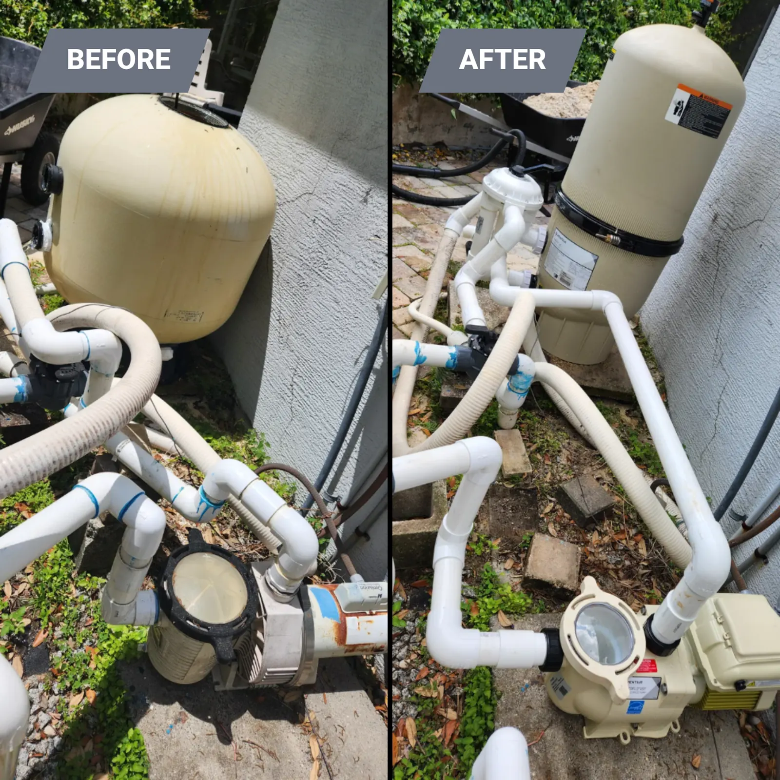 Before and after of a pool pump upgrade and re-plumb in Brooksville