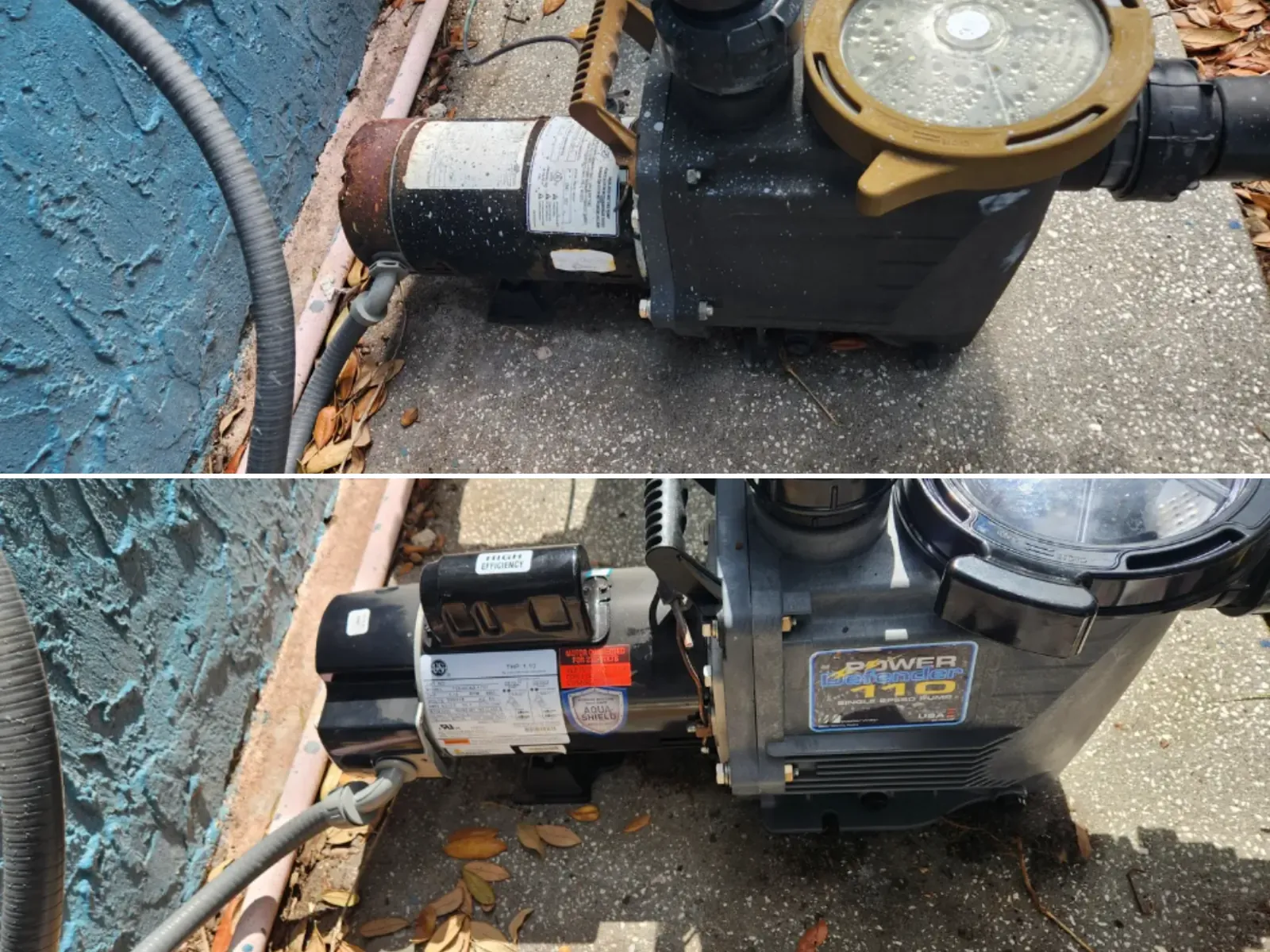 Before and after of a rusted pool pump motor replaced with a new one