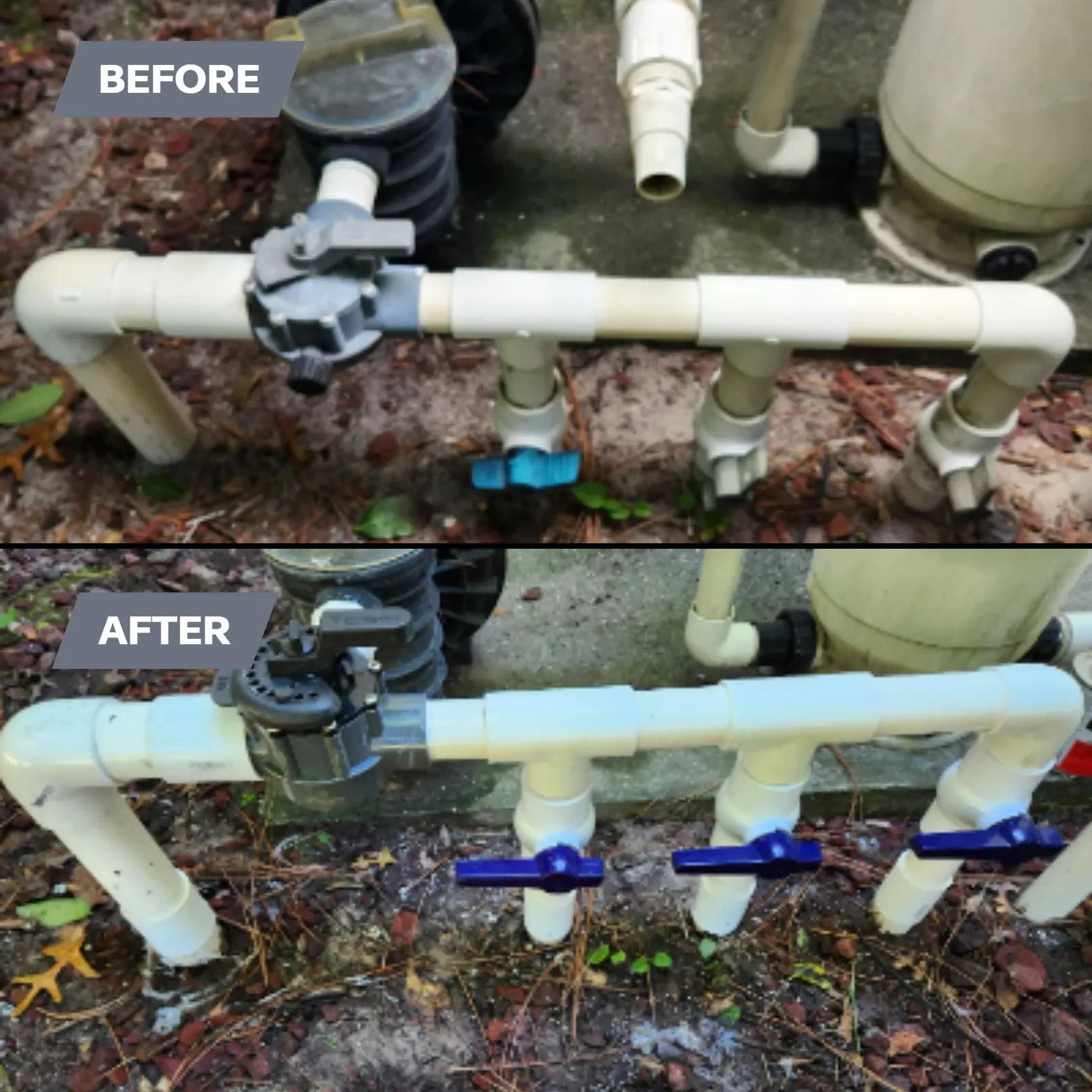 Before and after of old pool valves replaced with new ones in Spring Hill
