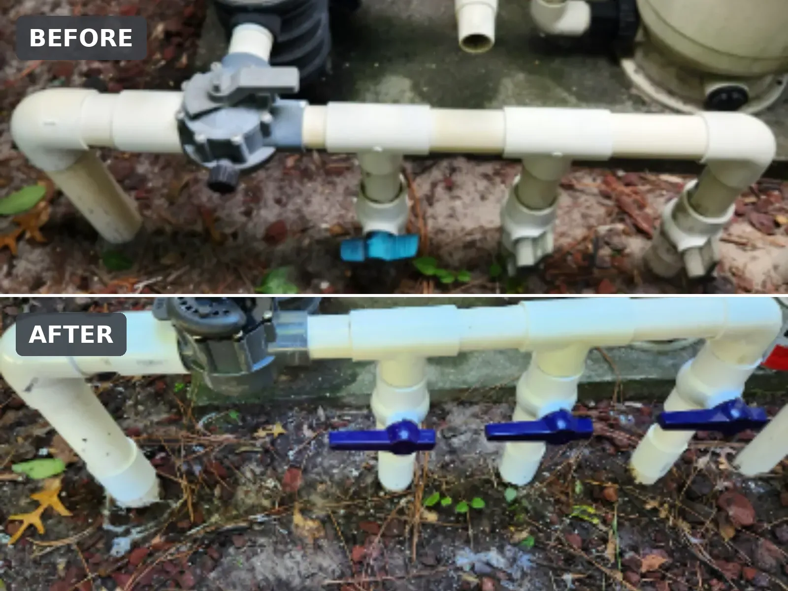Before and after of old pool valves replaced with new ones in Spring Hill